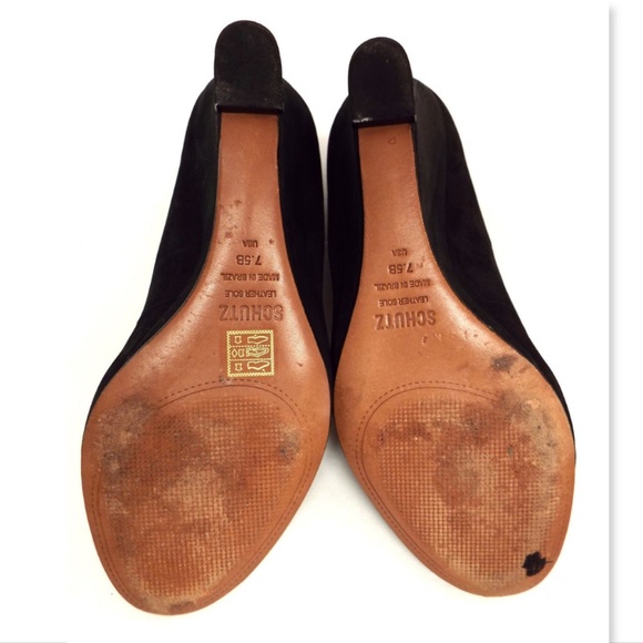 SCHUTZ Black Suede Open Toe Wedge Heels Pumps 7.5 - Picture 6 of 8